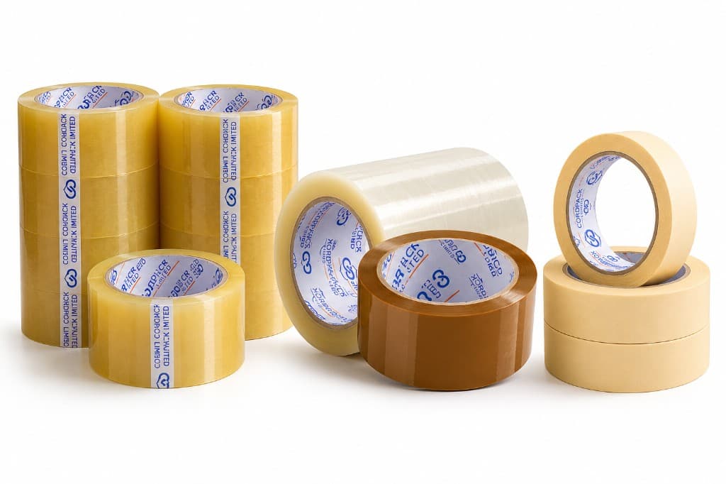 CorBPACK Limited BOPP packaging tapes in clear, brown, yellowish, and tan colors